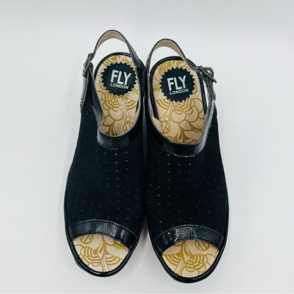 FLY London Yile Black Perforated Leather Peep Toe Platform Wedge Sandal Size 8 - Picture 2 of 14